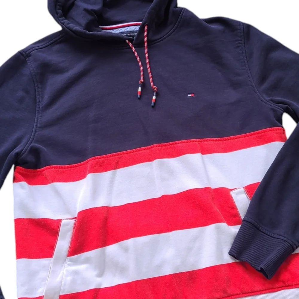 Tommy Hilfiger Striped Colorblock Red White and Blue‎ Hoodie size Large - Picture 3 of 9